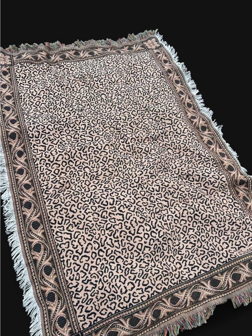 Vintage Susan Welsh Leopard Print Woven Throw Blanket Afghan Fringe Animal Decor